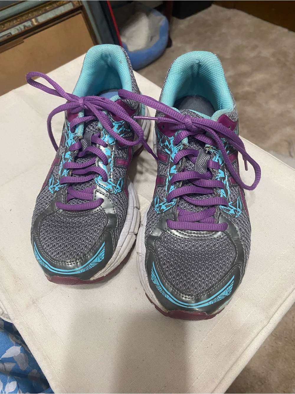 Asics Gray Athletic Shoes with Purple Laces and Teal Accents